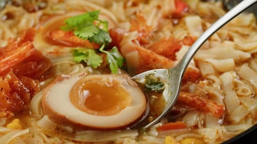 Close-up of Delicious Asian Noodle Soup with Egg