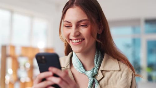 Creative agency, woman and smile with phone for chat, reading and online communication with contact