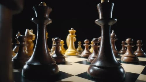 Pièces d'échecs en bois noir et blanc sur un échiquier
