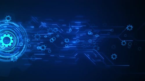 Futuristic Digital Technology Background with Glowing Circuit Board and Gears Animation