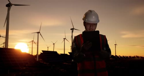 Male Engineer In A Helmet Working On A Tablet While Silhouette In Front Of Wind Turbines At Sunset