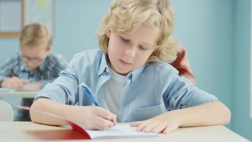In Elementary School Class: Portrait of a Brilliant and Cute Caucasian Boy Writing in Exercise Note