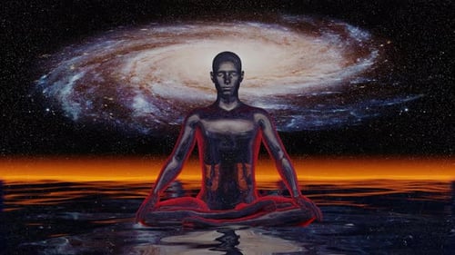 Meditating Figure in Cosmic Galaxy with Reflecting Surface
