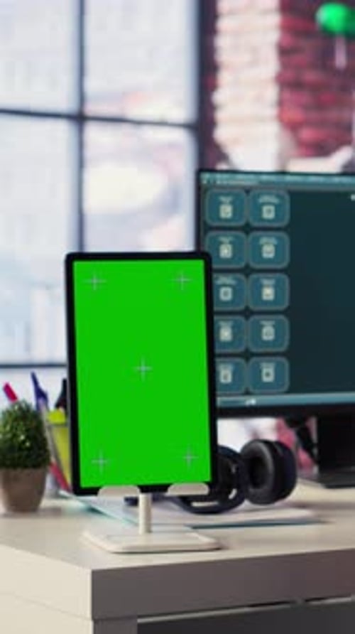 Vídeo vertical: un adulto maduro utiliza una herramienta de inteligencia artificial digital en la interfaz web junto a la pantalla verde