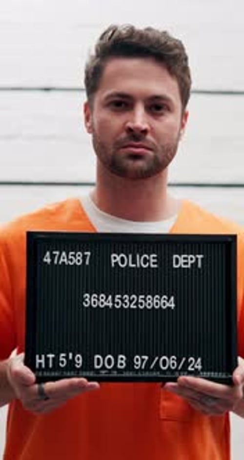 Criminal, police station and man with mugshot, arrest and thief with record