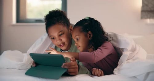 Love, sisters and relax with tablet on bed for movie selection, cartoon search and bonding together