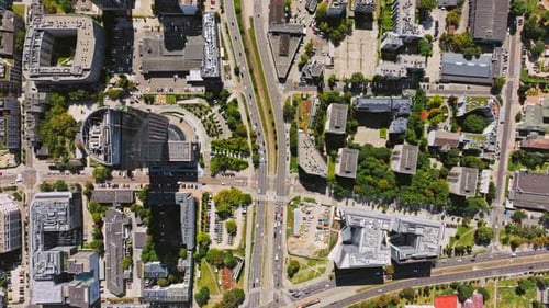 Top Down Aerial Drone View of a Busy City Intersection in Warsaw, Poland