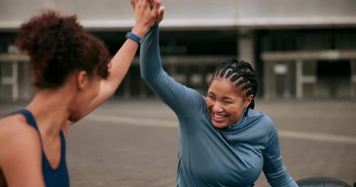 High five, workout and team with women in city for fitness challenge, training and wellness