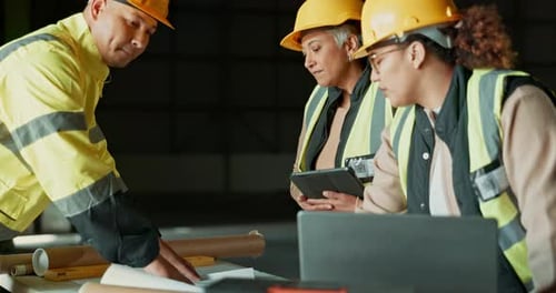 Engineering people, teamwork and floor plan on laptop, construction site and blueprint design