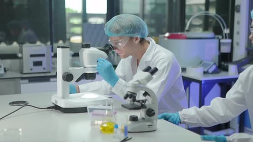 Scientists Working With Microscopes in Modern Laboratory