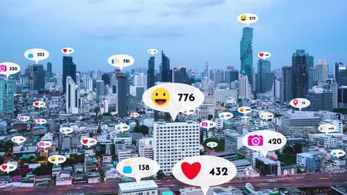 Social Media Icons Fly Over City Downtown Showing People Reciprocity Connection