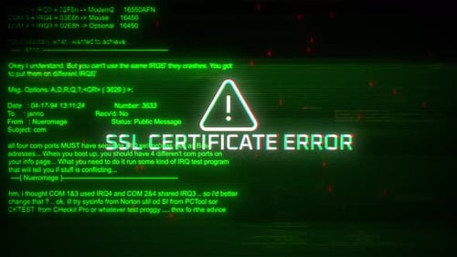 SSL-Zertifikatsfehler, Warnhinweise, Bildschirmbewegung auf abstraktem Technologie-Hintergrund, grüne Farbe
