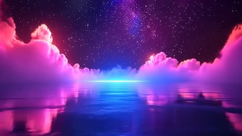 Neon clouds over a vibrant, starry sea
