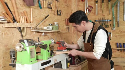 Eco friendly woodworker's shop, skilled carpenters handmade craftsman builder equals polishes wooden