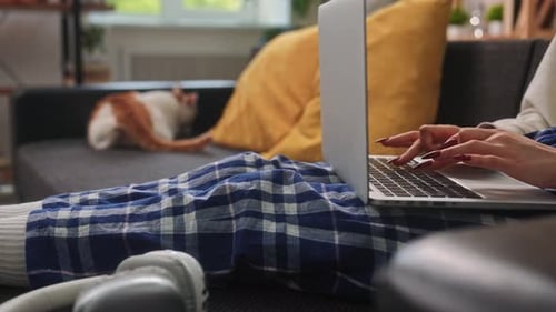 Frau arbeitet am Laptop mit Katze, die sich im Hintergrund entspannt