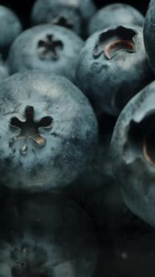 Vertical video. Macro slider along blueberries on a black background.