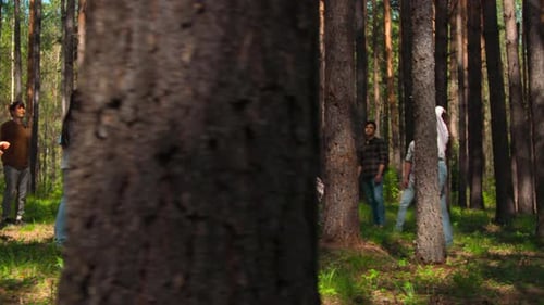 Vacationing people play ball in forest on sunny summer day