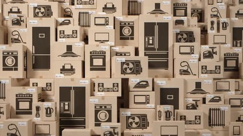 Household Appliances and Electronic Devices in Cardboard Boxes in Warehouse