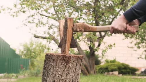 The guy is chopping wood with an axe. Puts a log and cuts. Spreads the shavings. Rest in a country h