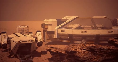 Animated Martian Outpost and Spaceship on a Red Planet