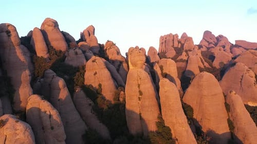 Aerial views of Montserrat peaks, a mountain range in Catalonia. Unique Montserrat mountains