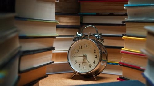 Old Classic Alarm Clock on the Background of Stacks of Books