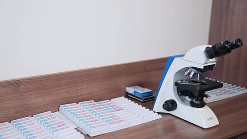 Modern microscope in the laboratory. View of microscope in medical and clinical laboratories