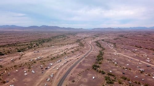 Drone aerial view of a lot of dispersed camping in Sonora Desert - Quartzsite Arizona