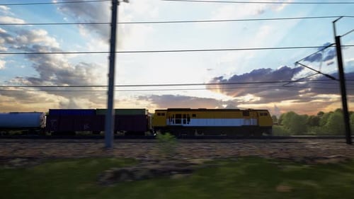 Freight Train Moving Through Scenic Rural Landscape at Sunset