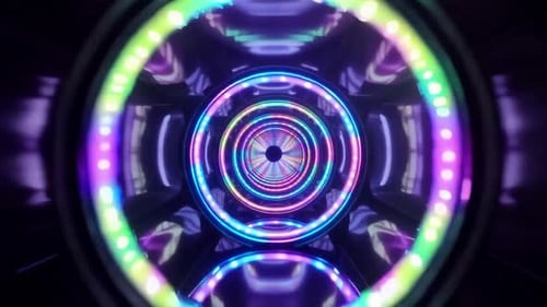 Boucle de tunnel de science-fiction au néon 4K avec anneaux circulaires lumineux et V