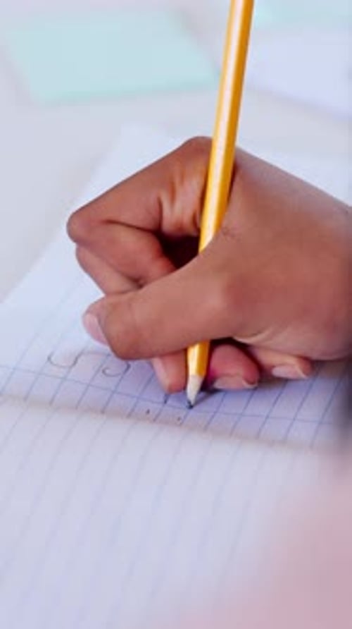 Hands, writing and notebook in classroom for education with checklist, review