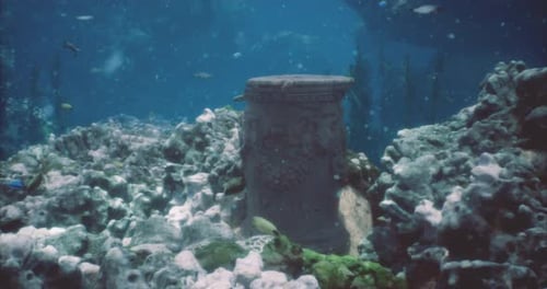 Ruins of an Ancient Stone Column Submerged in Clear Blue Waters