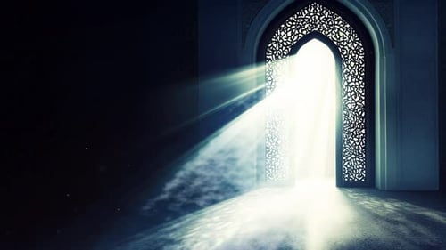 Fond islamique du Ramadan, lumière rayonnante émanant d'une arche islamique