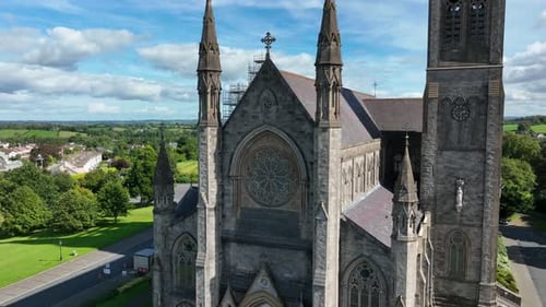 St. Cathedral, County Monaghan, Ireland, September 2022. Drone pulls backward from the front facade