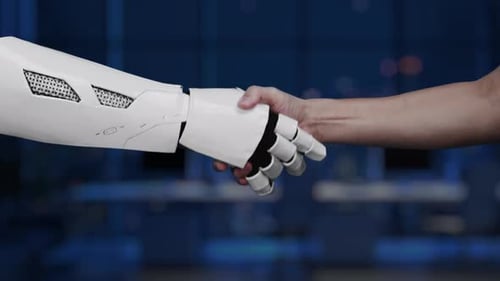 Robotic Hand Reaching Towards Target Graphic Representing Digital Marketing Strategy and Data Analys