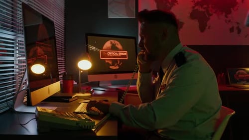 Diverse Military Officers Panicking During IT Systems Failure at Command Center