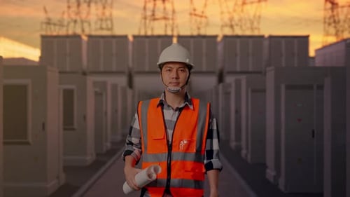 Front View of Asian Male Engineer Holding Blueprint While Walking with Electrical Energy