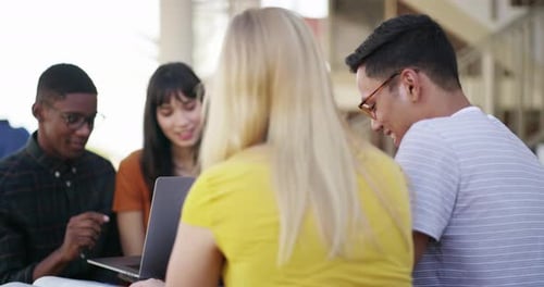 College, face and happy woman, friends or group studying knowledge, project