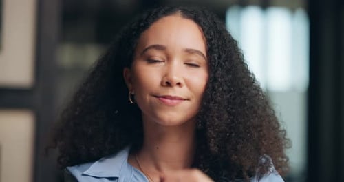 Face, smile or woman in office with glasses, public relations or career opportunity in agency