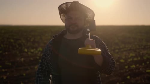 Portrait of Tired Farm Worker After Working Day Man Carrying Shovel on Shoulder Medium Shot with