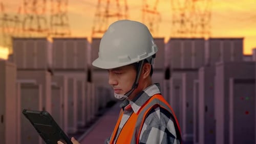 Close Up Side View Of Asian Male Engineer Working On A Tablet with High Voltage Power