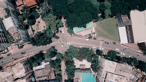 Aerial shot of a busy road where vehicles are passing in Dhaka, Bangladesh