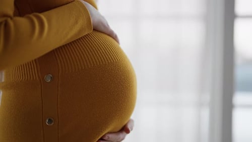 Woman Stroking Pregnant Belly at Home Close Up Pregnant Tummy of Future Mother Enjoying Pregnancy at