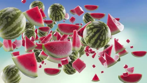 Burst of Watermelon and Watermelon Slices in Beach Tropical Summer Background