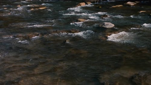 Fast flow of water on a mountain river. Beautiful mountain river.