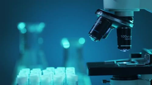 Closeup of Scientific Microscope Laboratory in Hospital Epidemic Disease Healthcare Vaccine Research