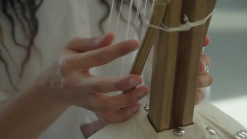 Female hands playing Kora strings percussion African harp in a warm daylight ambient, close-up shot