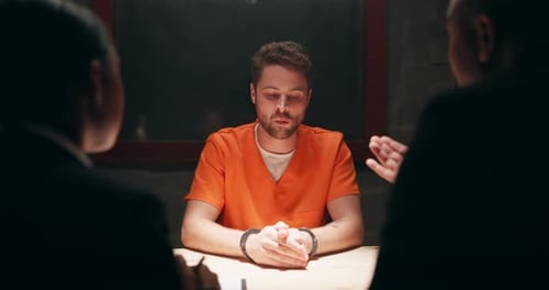 Man, interview and statement in prison for crime, arrest with legal interrogation or police