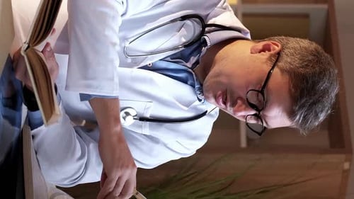 Doctor Reviews Patient Records in Office Setting
