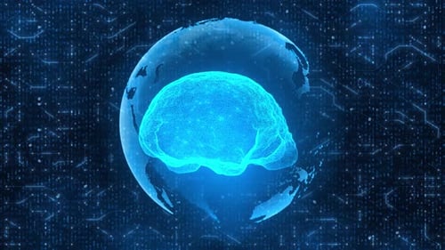 Digital Animation of Brain Inside Globe on Abstract Circuit Board with Computer Binary Numbers